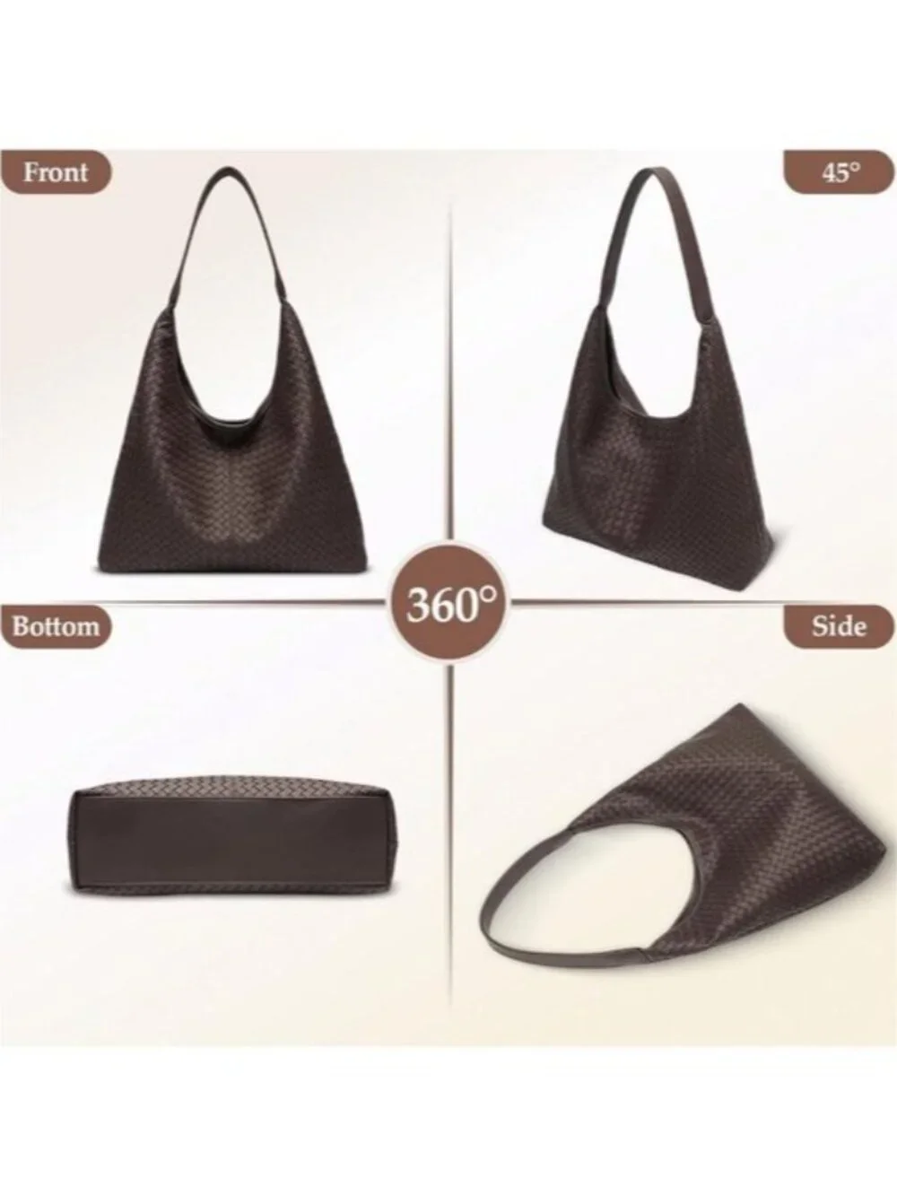 Women's Woven Vegan Leather Hobo Shoulder Bag Large Slouchy Work Tote Purse